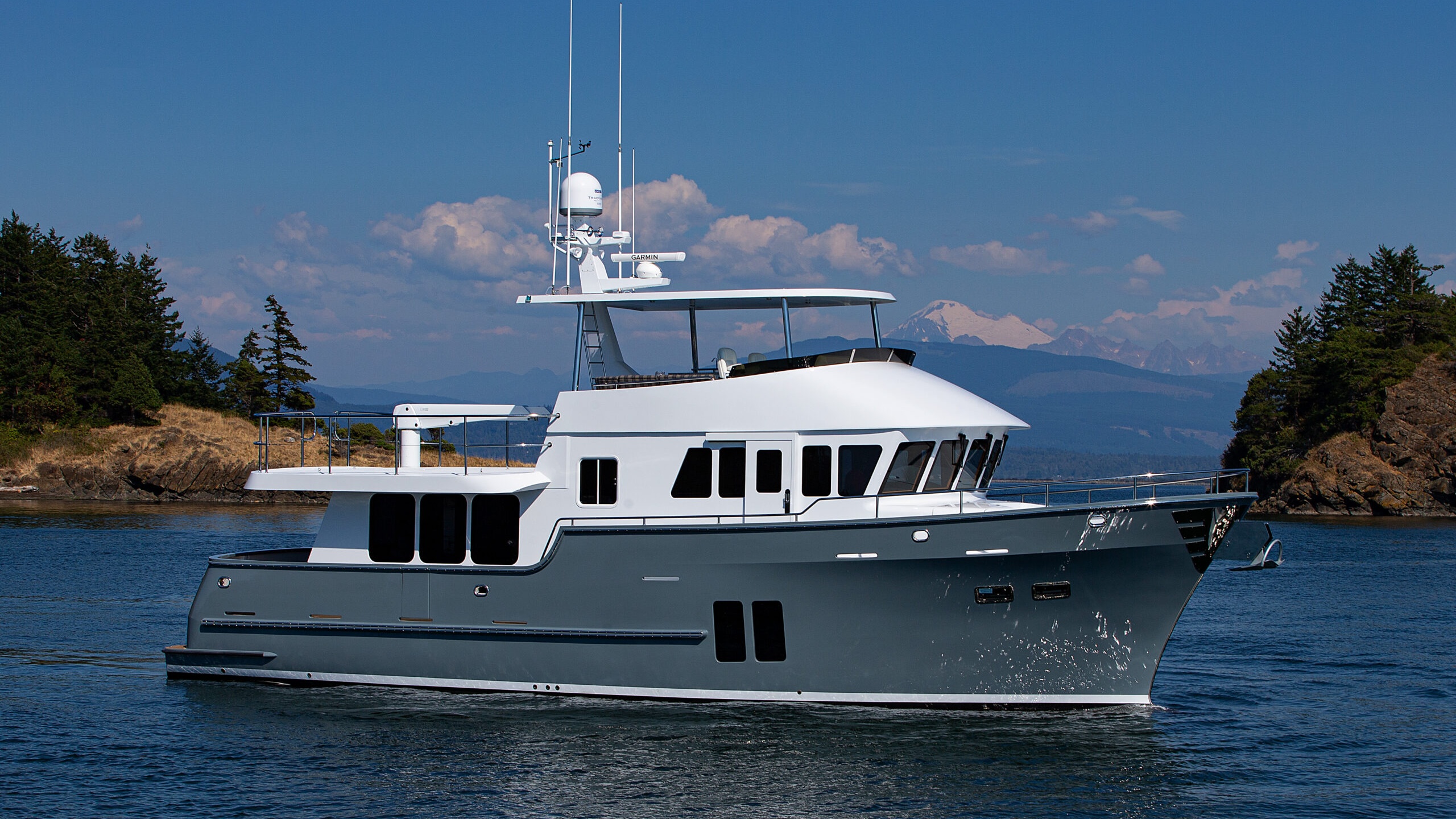 Northern Marine 57 Raised Pilothouse expedition yacht underway in Pacific Northwest waters